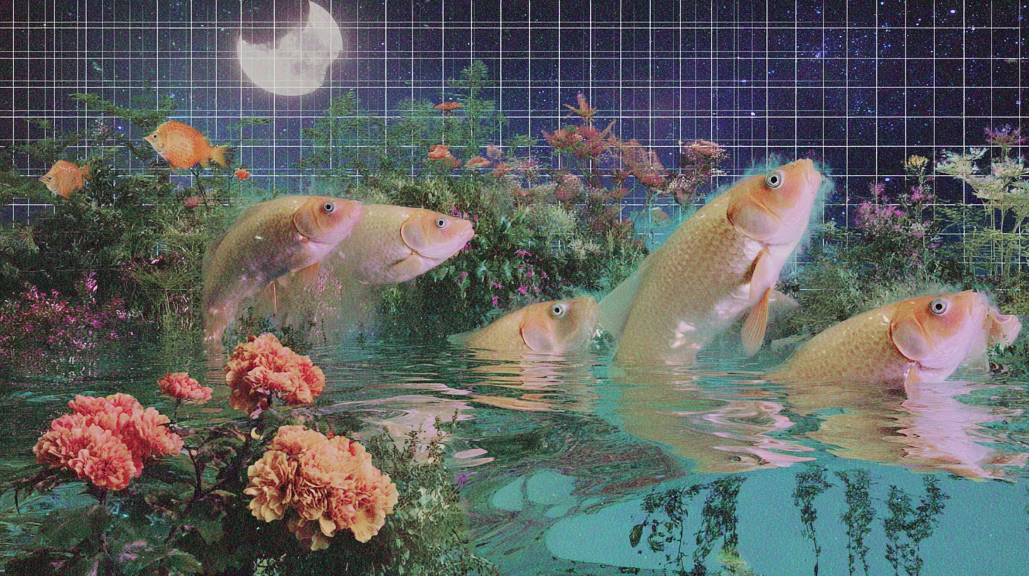 月夜の水面を跳ねる金魚と花